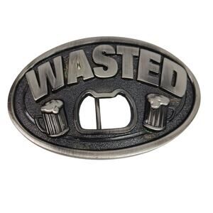 Kalan WASTED Silver Belt Buckle With Built In Bottle Opener Foaming Beer Mugs